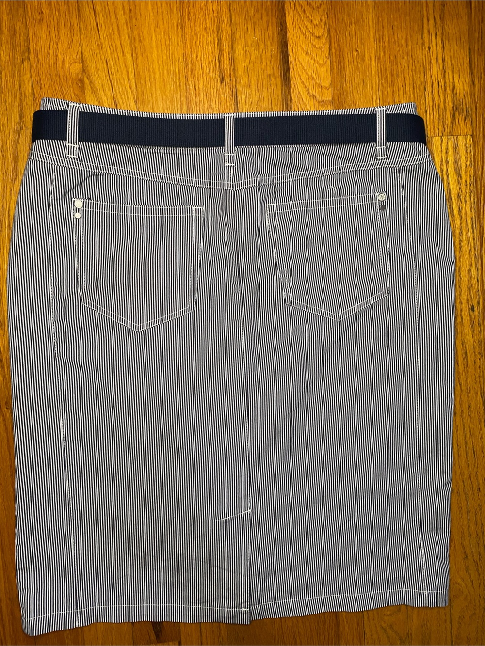 Navy and White Pinstripe Midi Skirt with Belt - Picture 3 of 5